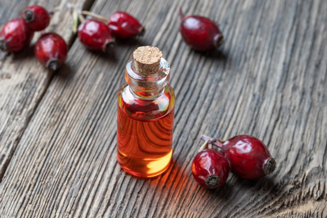 a vial of rosehip oil that can be used on the face. 