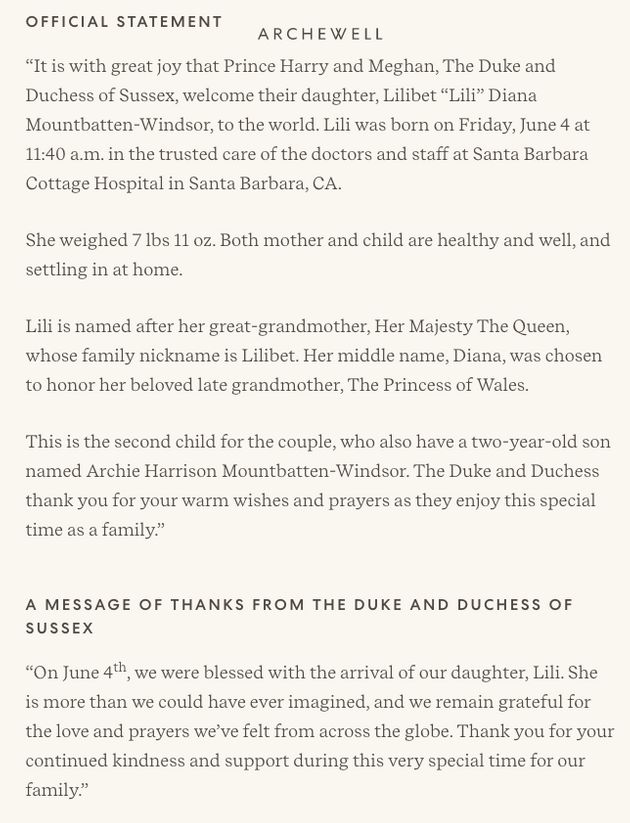 The official statement from Meghan and Harry published on the Archewell