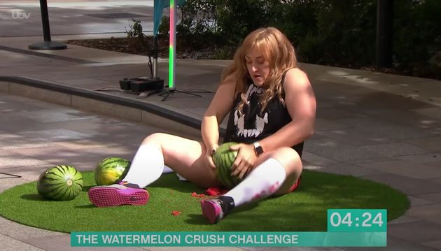 Emmajane appeared to set a new world record when she crushed three watermelons with her thighs live on