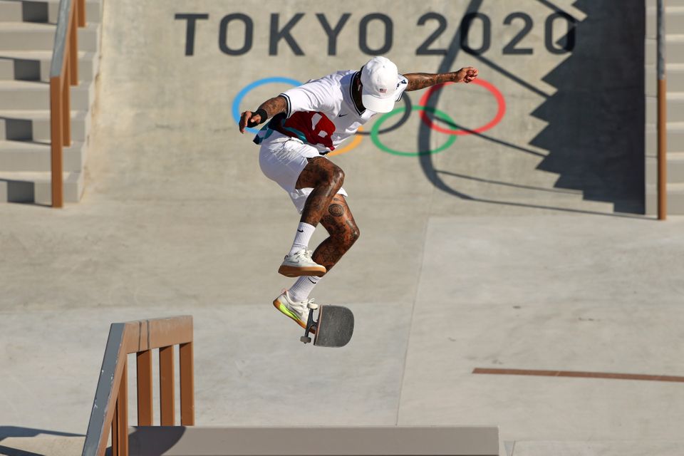 Nyjah Huston of Team USA practises prior the Skateboarding Men's Street Prelims on day two of the Tokyo...