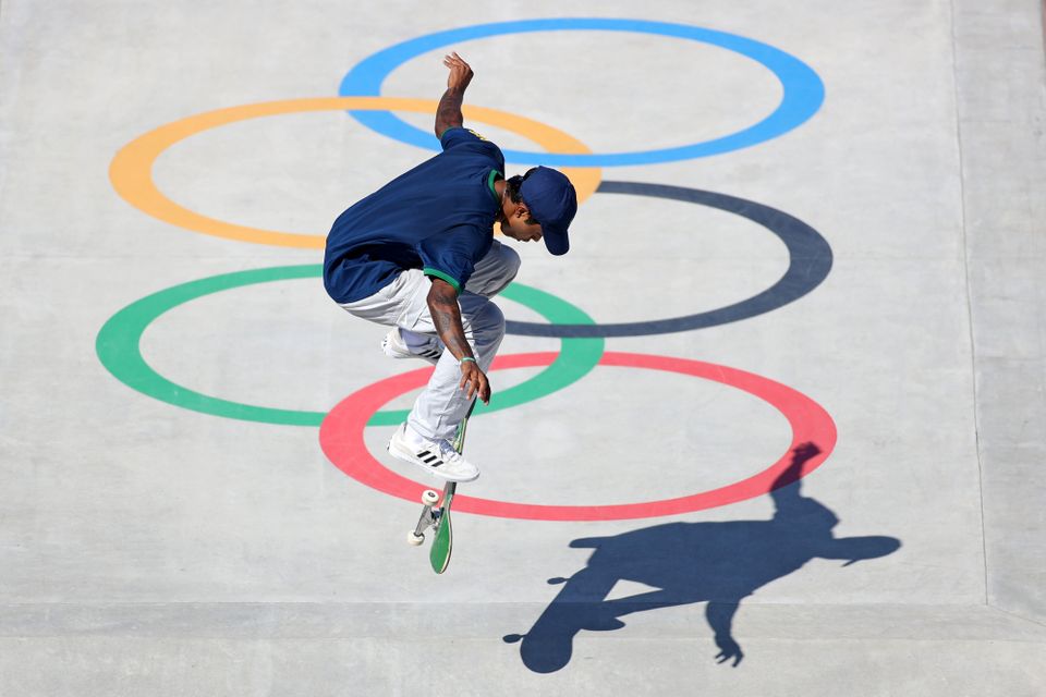 Gustavo Felipe of Team Brazil competes at the Skateboarding Men's Street Prelims Heat