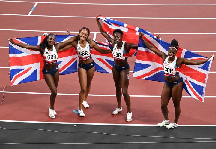 Dina Asher-Smith with her team-mates&nbsp;Asha Philip, Imani Lansiquot and Daryll after winning bronze in the Women's 4 x 100m Relay