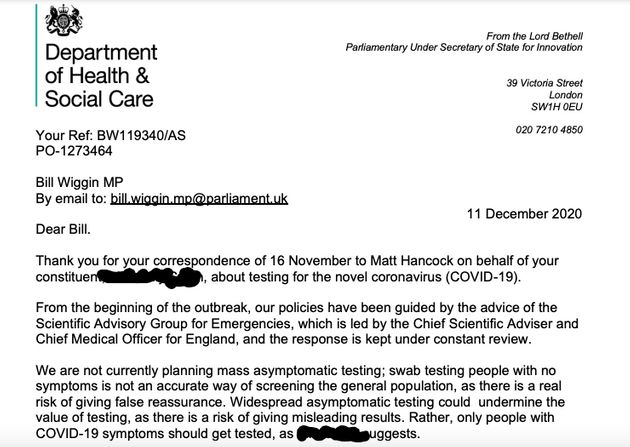 Lord Bethell letter on asymptomatic testing