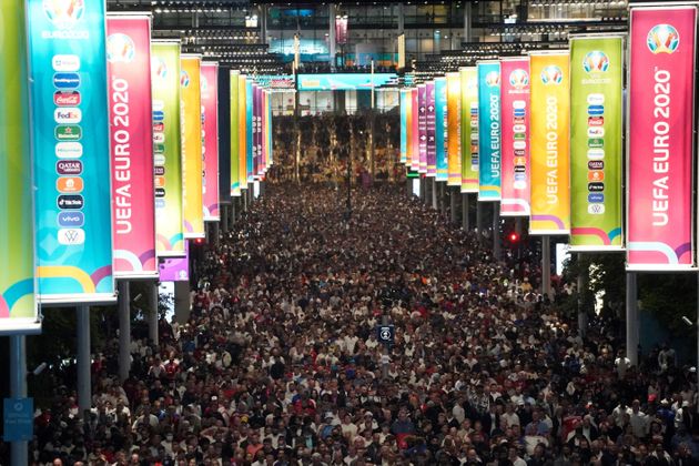 The crowds leaving the Euro 2020 final in Wembley stadium in