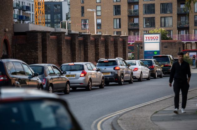 Motorists queue for fuel at a Tesco garage in Lewisham on September 26,