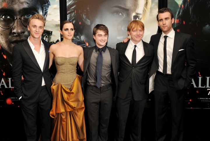 (L-R) Tom Felton, Emma Watson, Daniel Radcliffe, Rupert Grint and Matthew Lewis attend the New York premiere of Harry Potter And The Deathly Hallows: Part 2 at Avery Fisher Hall, Lincoln Center on July 11, 2011 in New York City. (Photo by Stephen Lovekin/Getty Images)