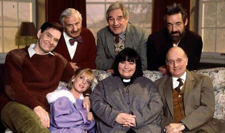 (Front L-R) James Fleet, Emma Chambers, Dawn French, Gary Waldhorn (Back L-R) John Bluthal, Trevor Peacock and Roger Lloyd-Pack