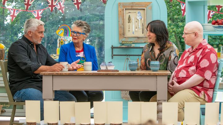 Paul with Bake Off co-stars Prue Leith, Matt Lucas and Noel Fielding