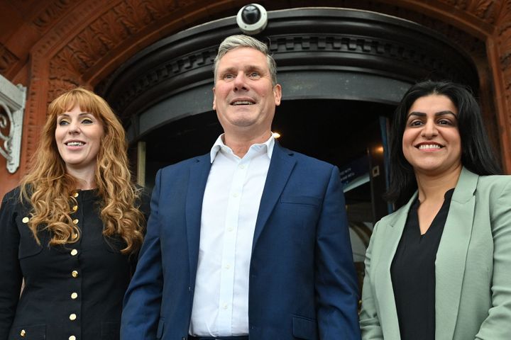 Labour Party deputy leader Angela Rayner, leader Keir Starmer and national campaign coordinator Shabana Mahmood.