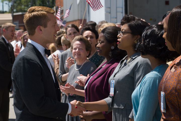 Glen Powell with Octavia Spencer, Taraji P. Henson and Janelle Monáe in Hidden Figures