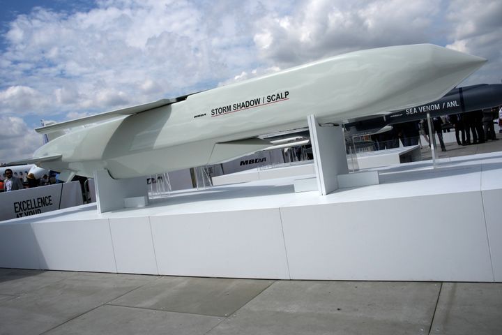 The Storm Shadow cruise missile is on display during the Paris Air Show in Le Bourget, north of Paris, France, Monday, June 19, 2023.