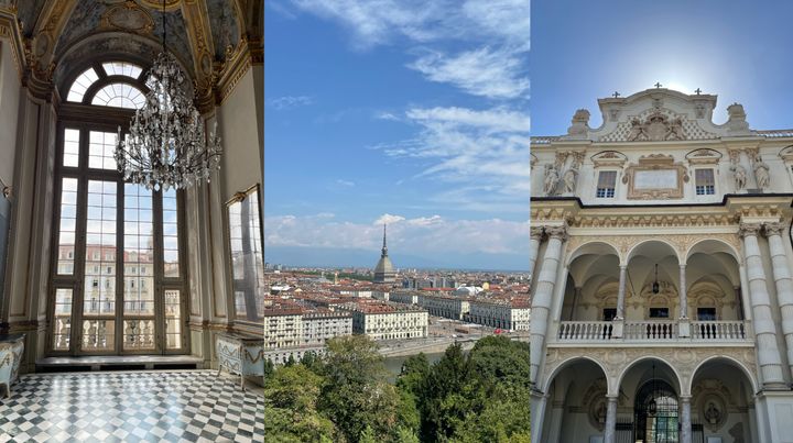 From left: Palazzo Madama Torino, view from Chiesa di Santa Maria del Monte dei Cappuccini and Castello del Valentino.