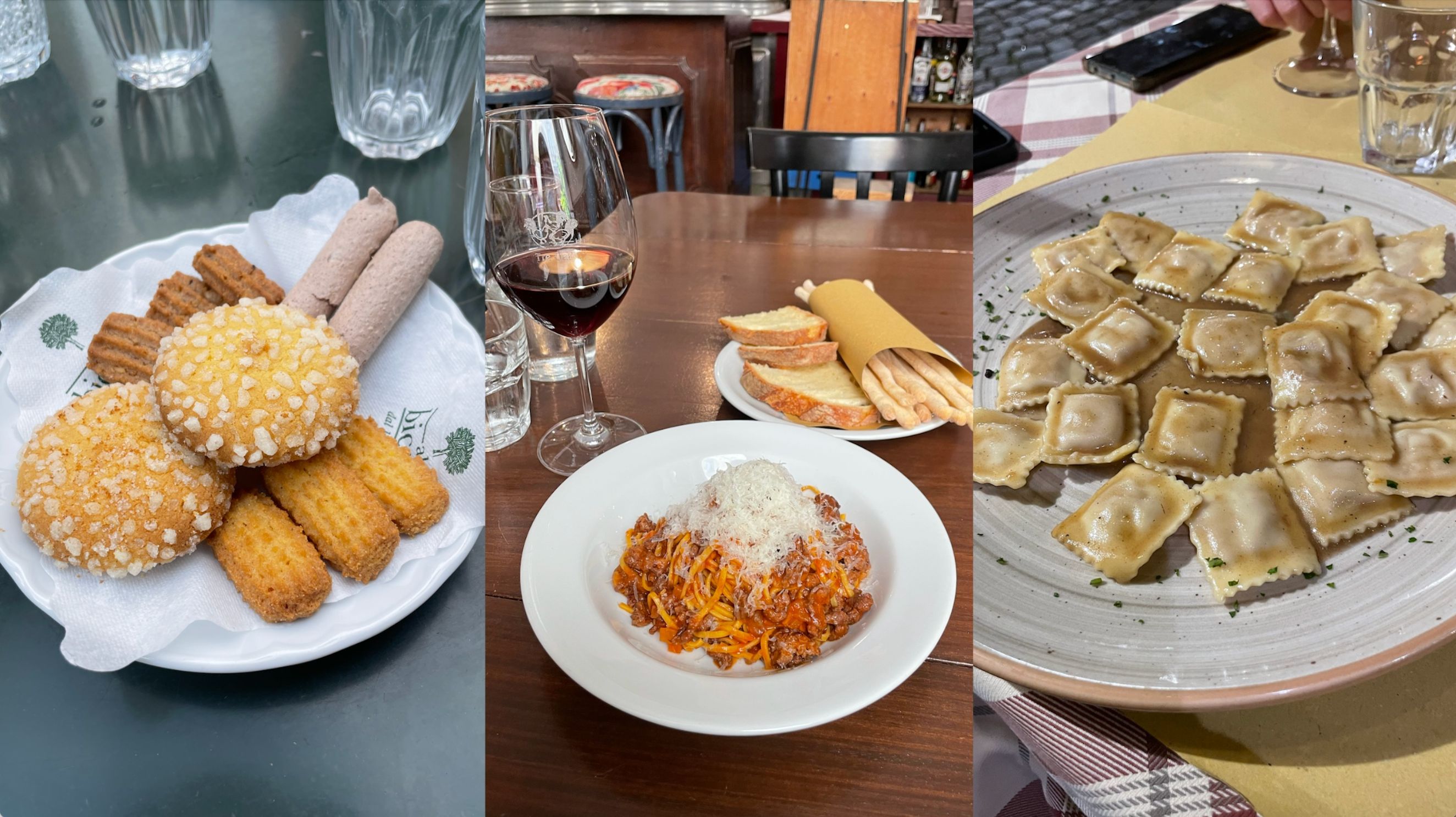 From left: assorted Piedmontese cookies, tajarin with meat sauce and agnolotti.