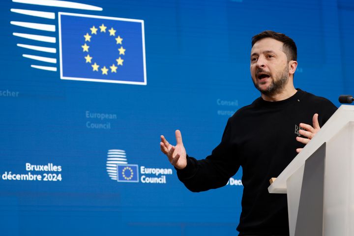 Ukraine's President Volodymyr Zelenskyy speaks addresses a media conference during an EU summit in Brussels, Thursday, Dec. 19, 2024. 